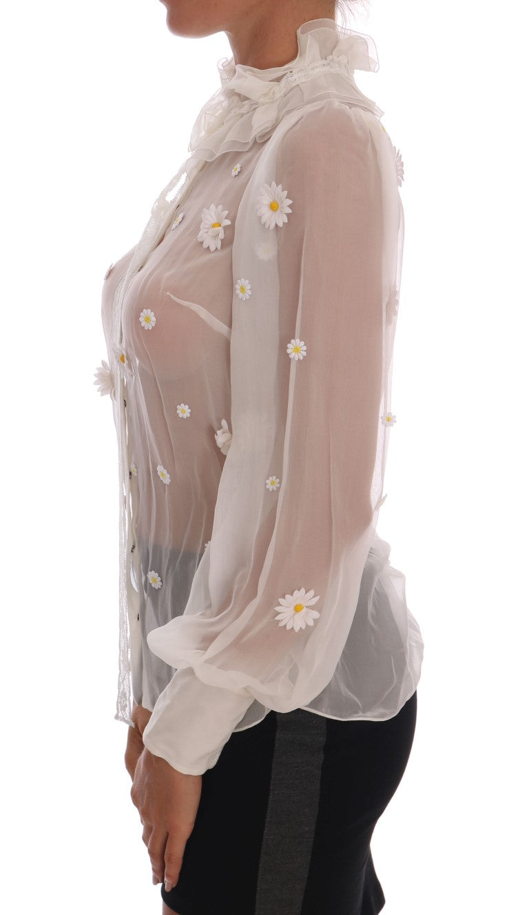 Dolce &amp; Gabbana Elegant White Silk Daisy Blouse