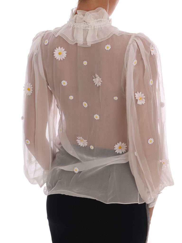 Dolce &amp; Gabbana Elegant White Silk Daisy Blouse