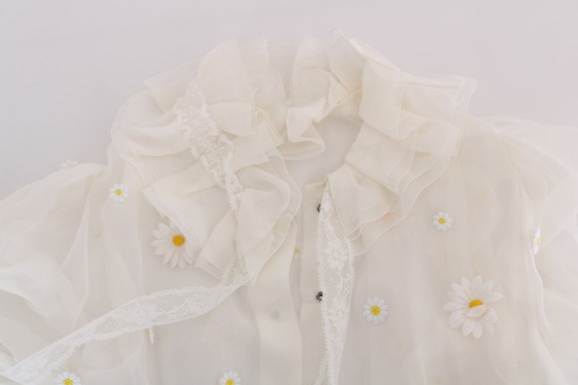 Dolce &amp; Gabbana Elegant White Silk Daisy Blouse