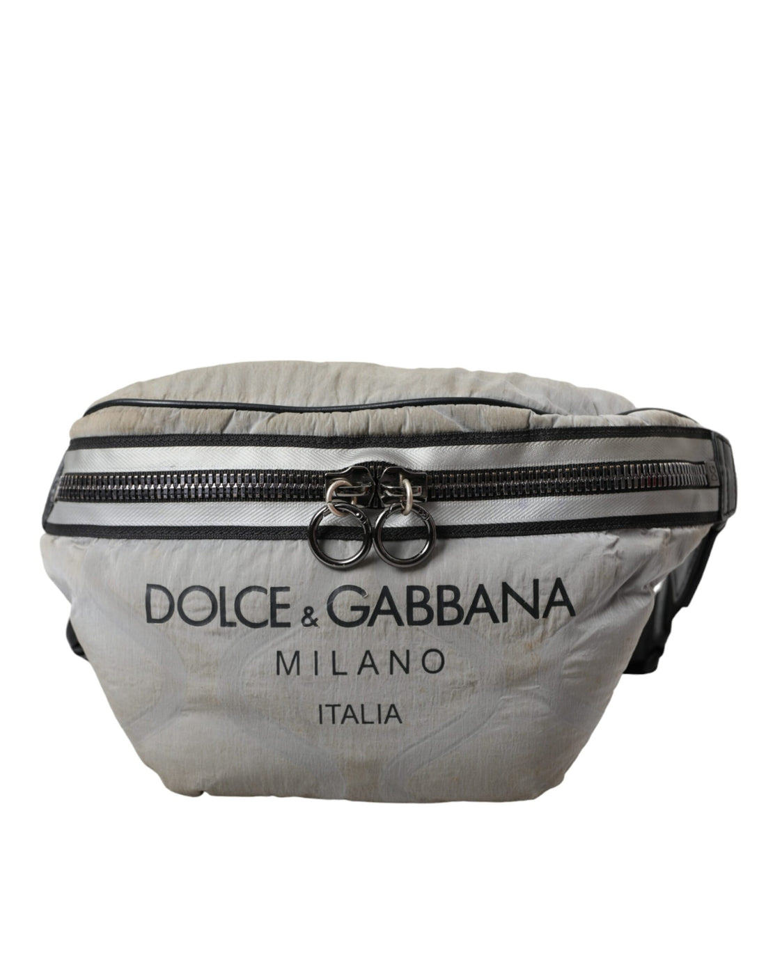 Dolce &amp; Gabbana Silver Black Nylon Leather Logo Waist Fanny Pack Bag