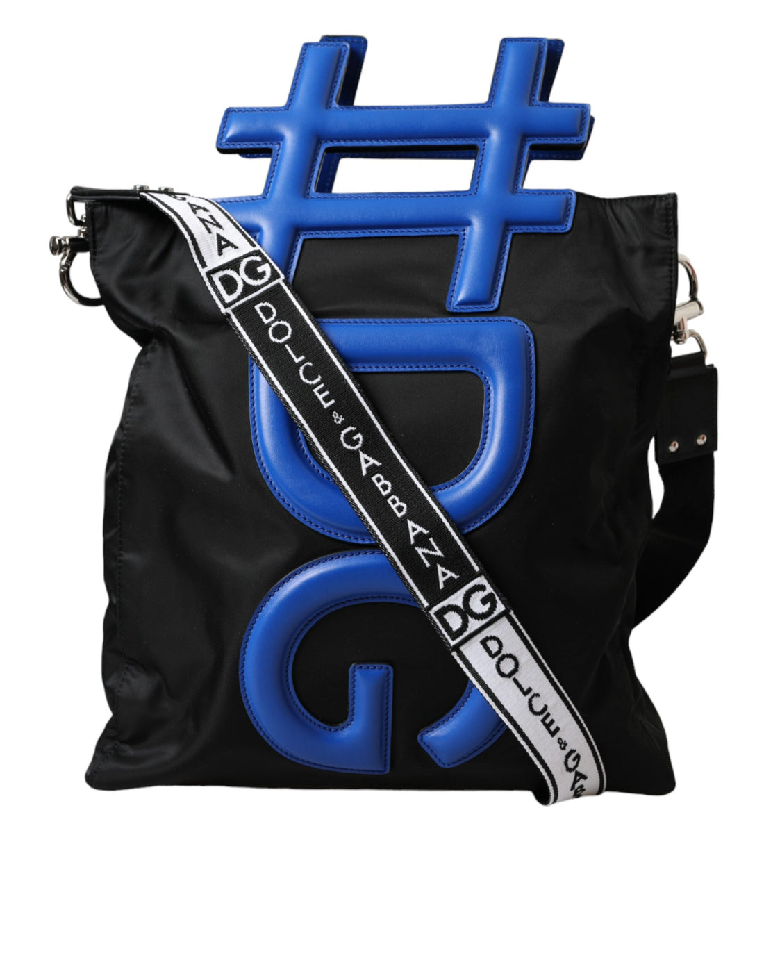 Dolce &amp; Gabbana Black Nylon Blue Leather Hashtag Shopping Tote Bag