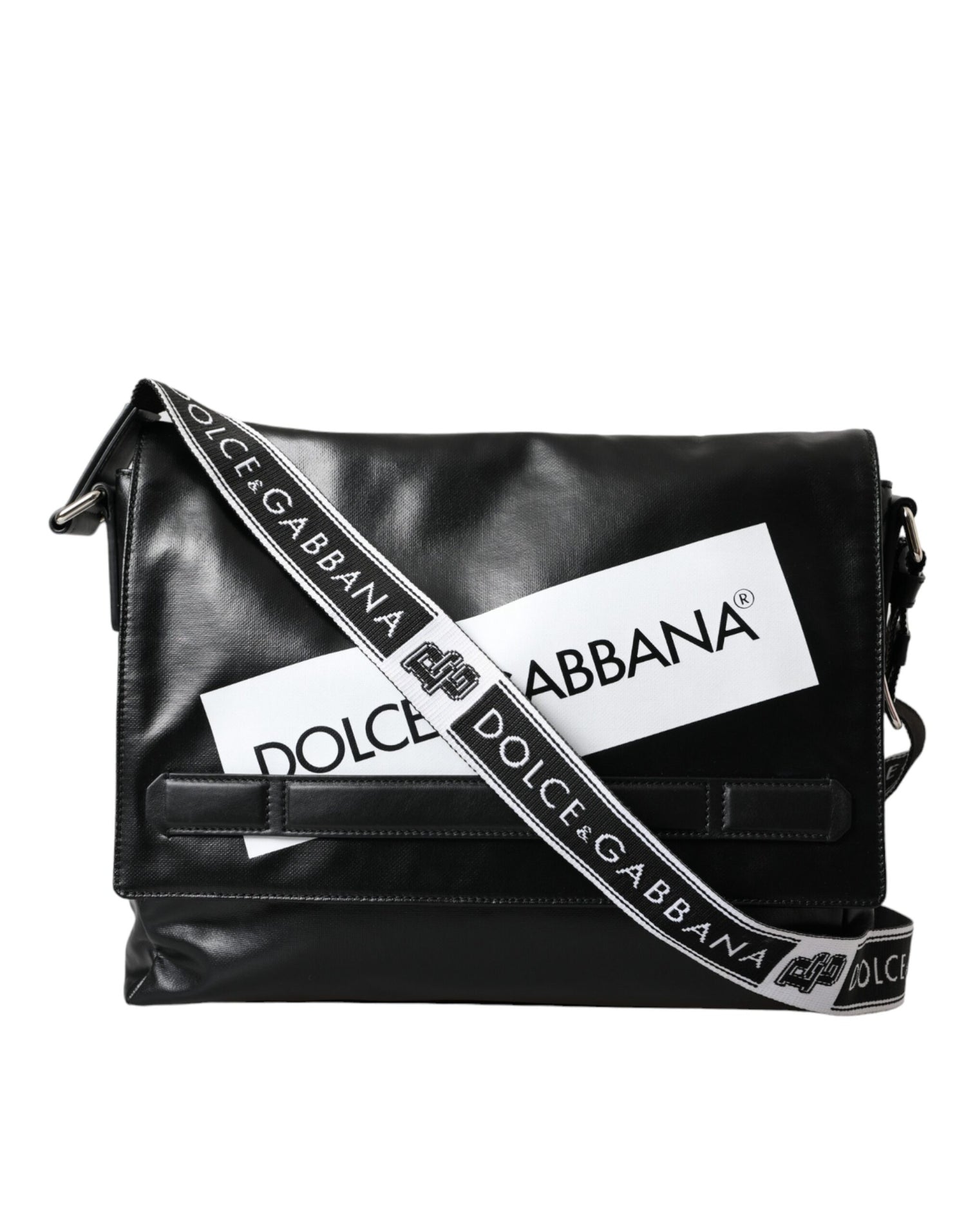 Dolce &amp; Gabbana Black Calfskin Coated Canvas Logo Panel Messenger Bag