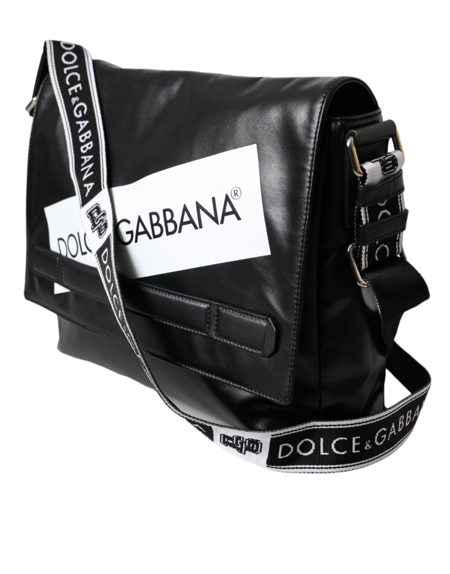 Dolce &amp; Gabbana Black Calfskin Coated Canvas Logo Panel Messenger Bag