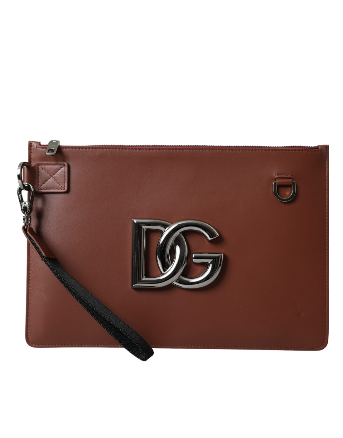 Dolce &amp; Gabbana Brown Calfskin Leather DG Logo Pouch Wrist Strap Bag