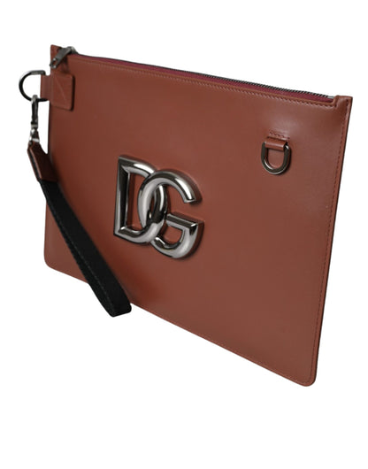 Dolce &amp; Gabbana Brown Calfskin Leather DG Logo Pouch Wrist Strap Bag