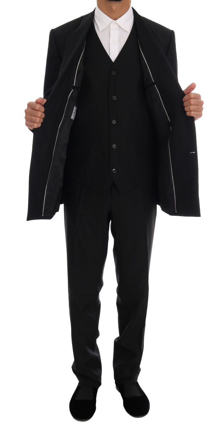 Dolce &amp; Gabbana Elegant Black Wool Three-Piece Suit