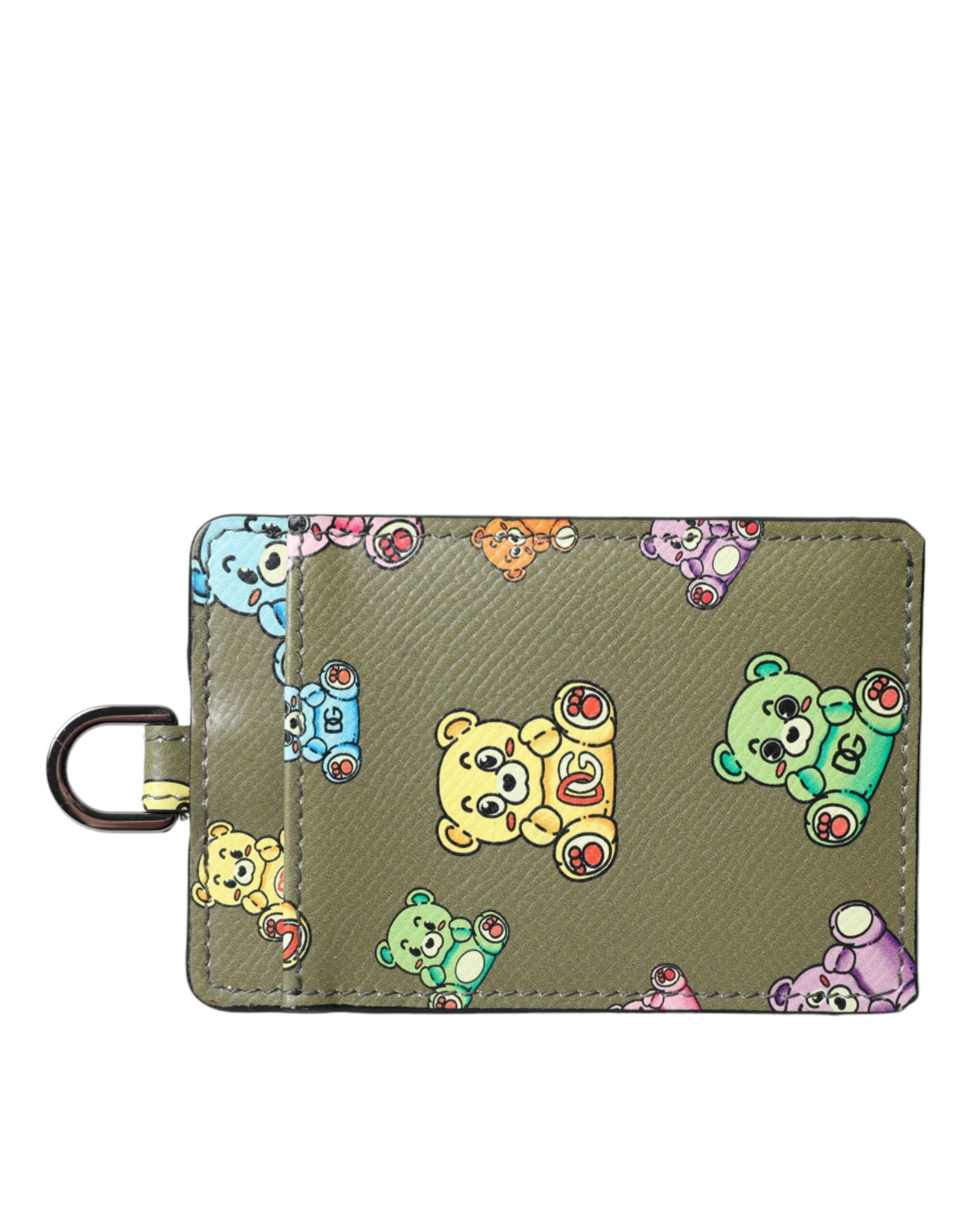 Dolce &amp; Gabbana Army Green Teddy Bear Leather Women Card Holder Wallet