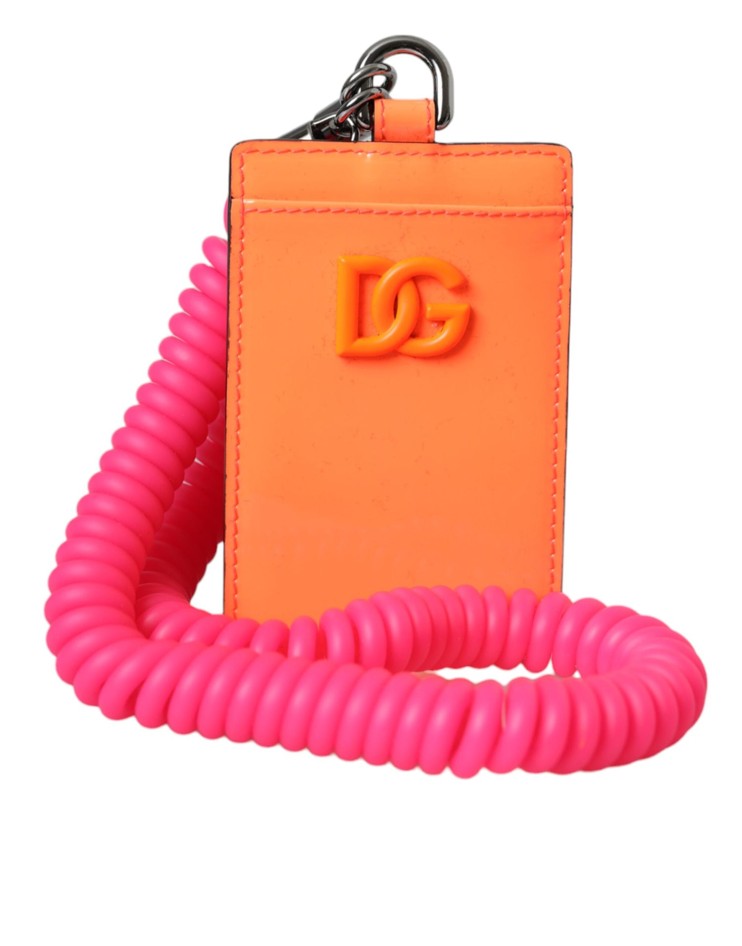 Dolce &amp; Gabbana Orange Pink Leather DG Logo Neck Strap Card Holder Wallet