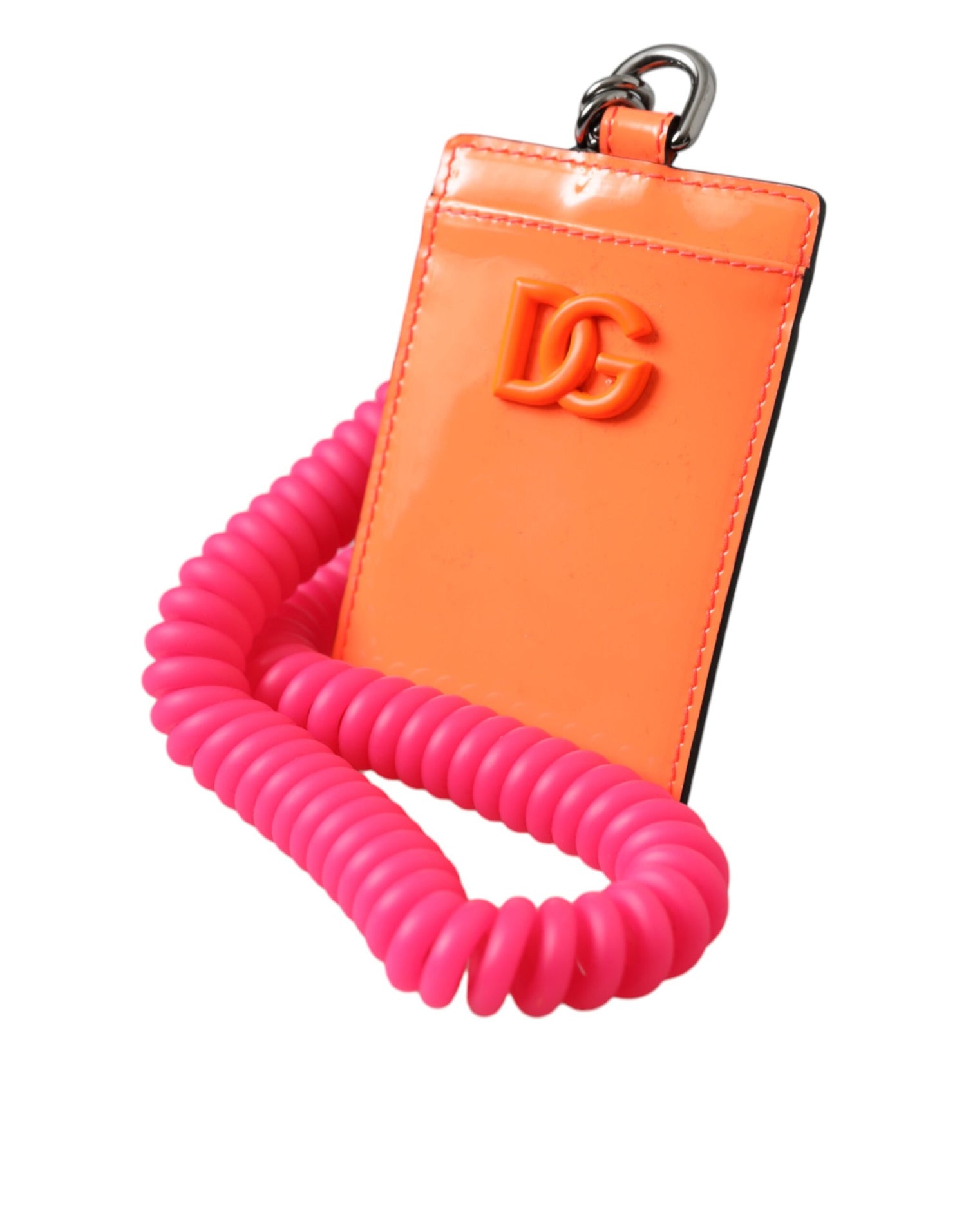 Dolce &amp; Gabbana Orange Pink Leather DG Logo Neck Strap Card Holder Wallet