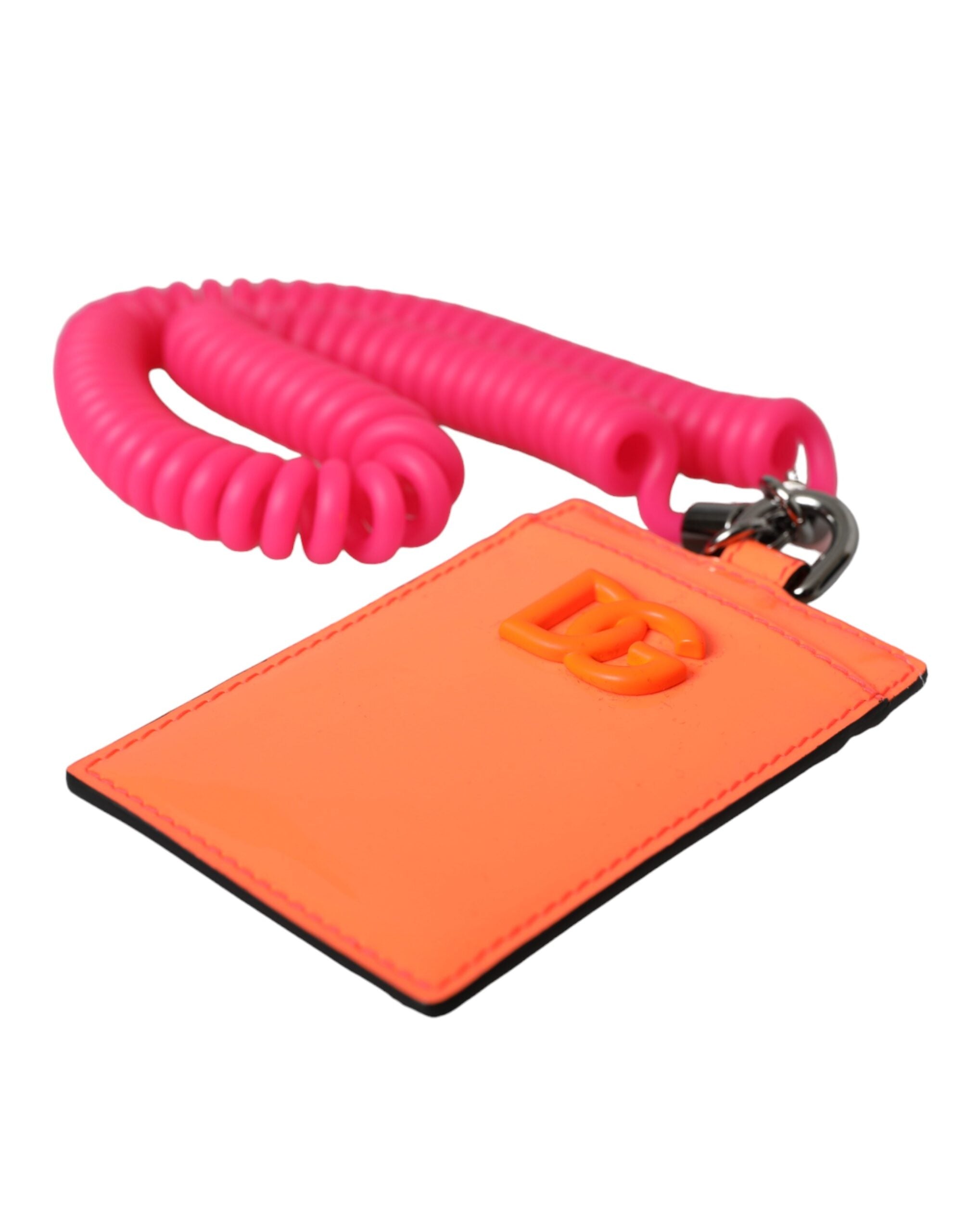 Dolce &amp; Gabbana Orange Pink Leather DG Logo Neck Strap Card Holder Wallet