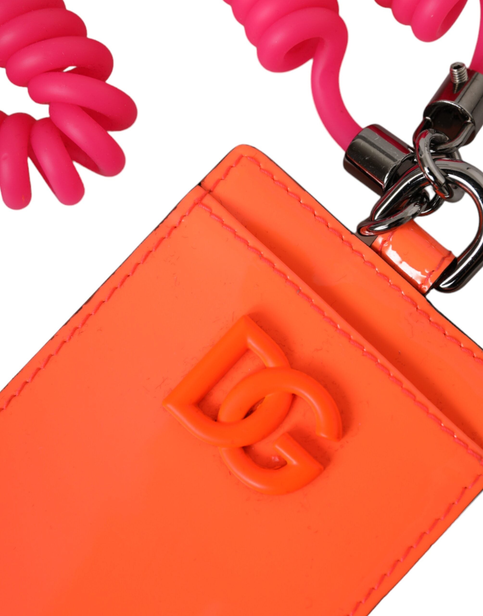 Dolce &amp; Gabbana Orange Pink Leather DG Logo Neck Strap Card Holder Wallet