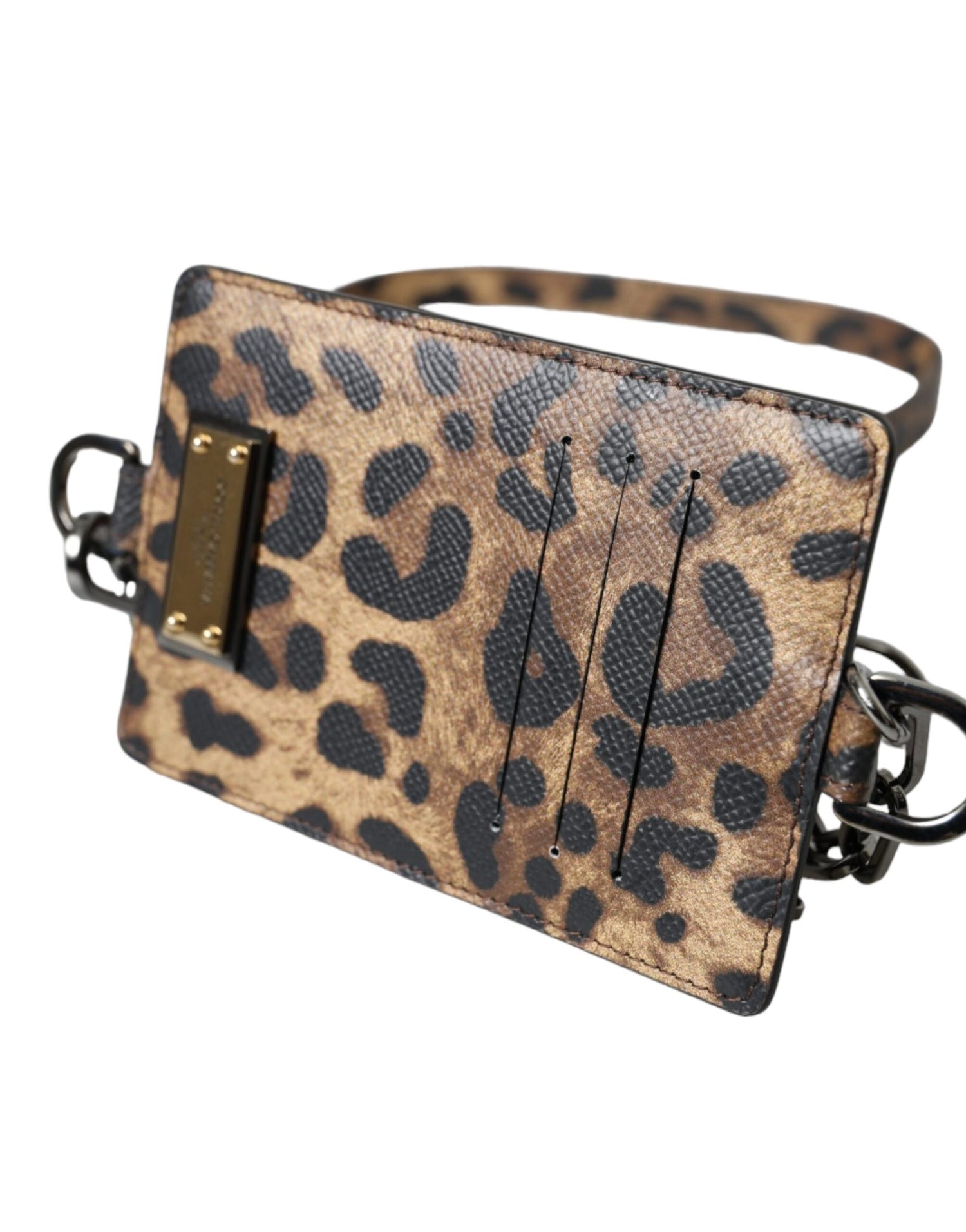 Dolce &amp; Gabbana Brown Leather Leopard Print Logo Plaque Cardholder Wallet