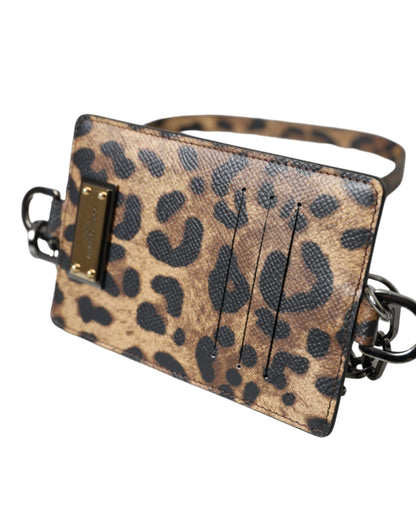 Dolce &amp; Gabbana Brown Leather Leopard Print Logo Plaque Cardholder Wallet