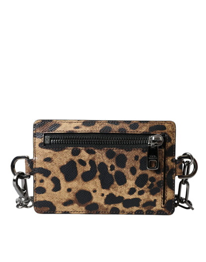 Dolce &amp; Gabbana Brown Leather Leopard Print Logo Plaque Cardholder Wallet