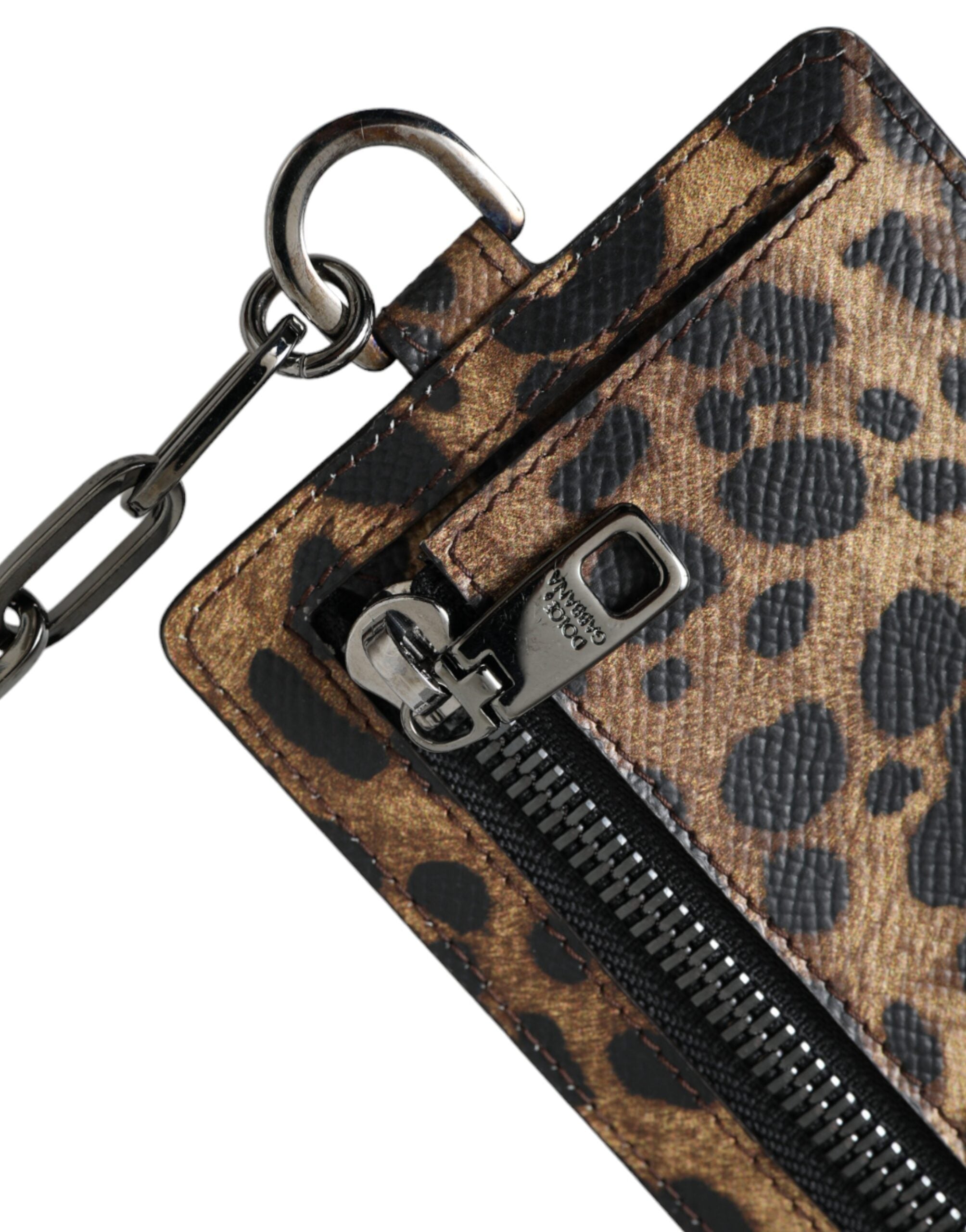 Dolce &amp; Gabbana Brown Leather Leopard Print Logo Plaque Cardholder Wallet