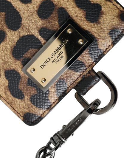 Dolce &amp; Gabbana Brown Leather Leopard Print Logo Plaque Cardholder Wallet