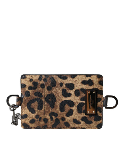 Dolce &amp; Gabbana Brown Leather Leopard Print Logo Plaque Cardholder Wallet