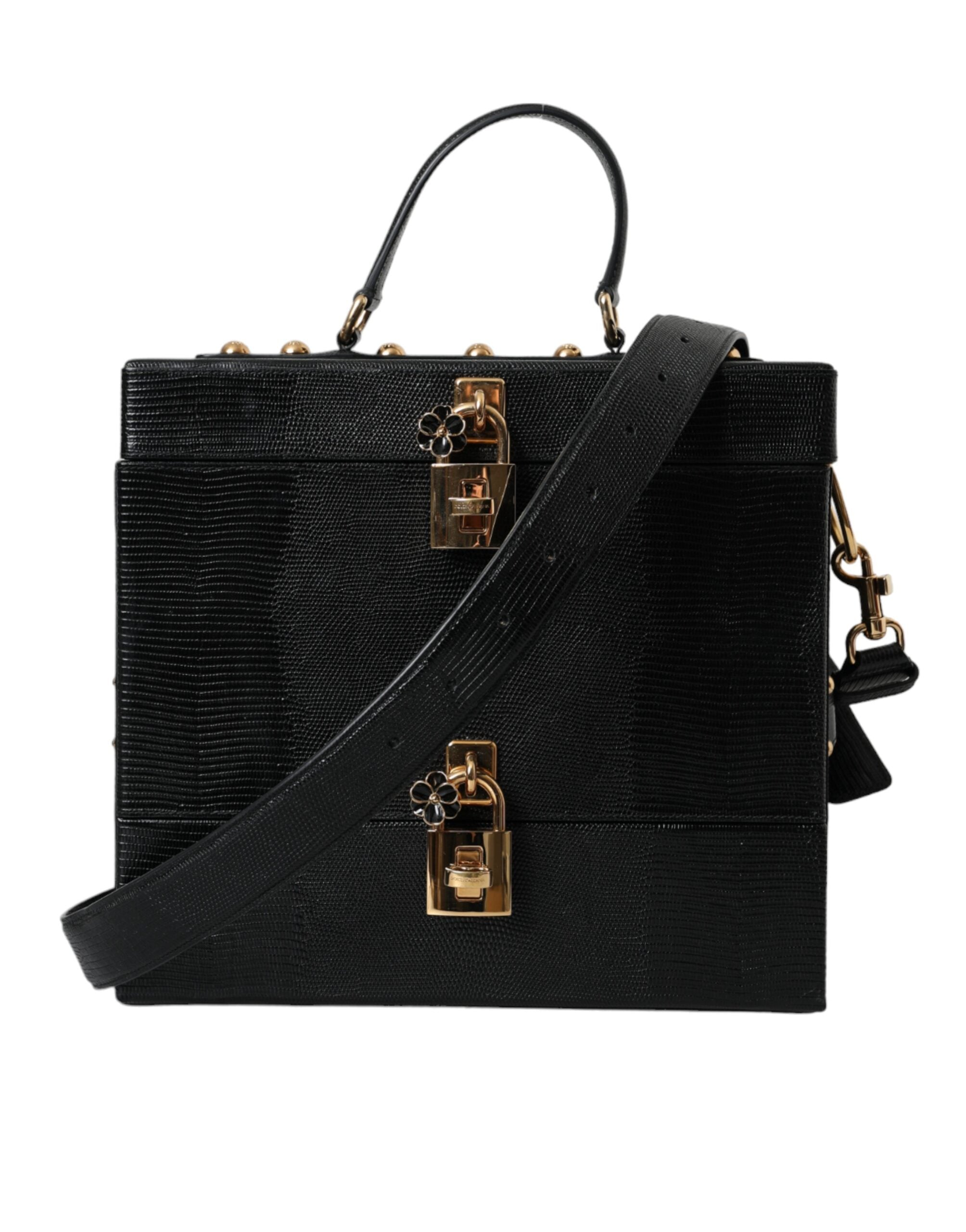 Dolce &amp; Gabbana Black Lizard Embossed Calfskin Leather Double Box Bag