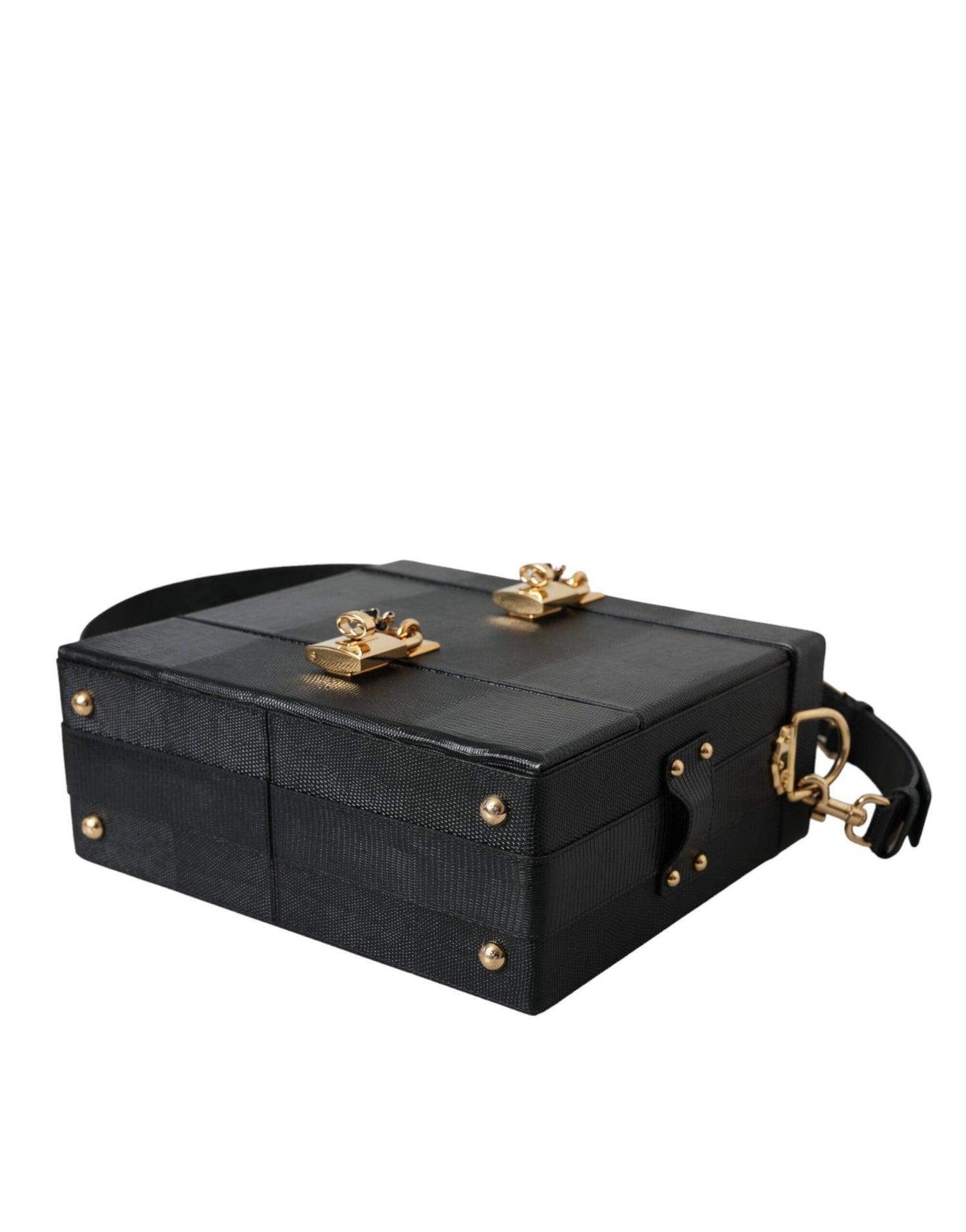 Dolce &amp; Gabbana Black Lizard Embossed Calfskin Leather Double Box Bag