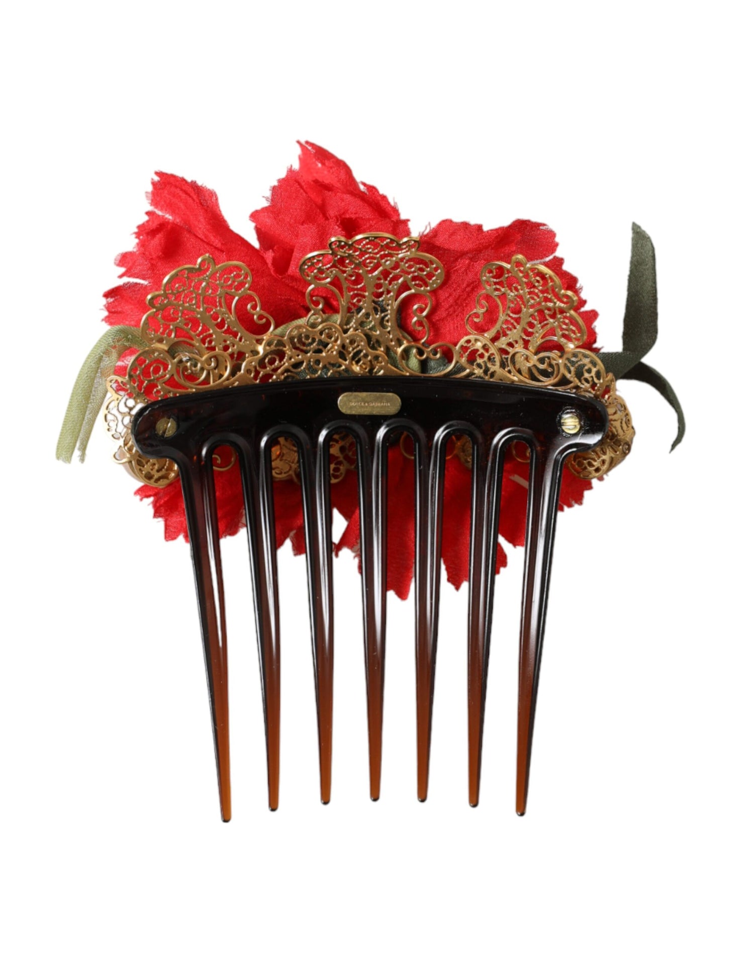 Dolce &amp; Gabbana Red Silk Floral Gold Brass Women Hair Comb