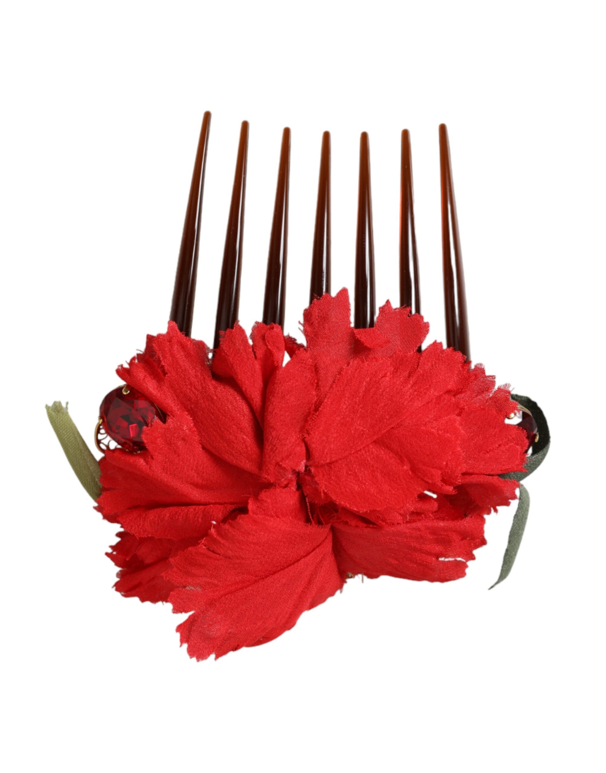 Dolce &amp; Gabbana Red Silk Floral Gold Brass Women Hair Comb