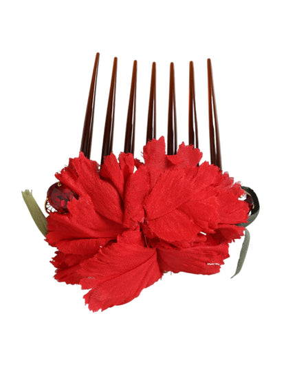 Dolce &amp; Gabbana Red Silk Floral Gold Brass Women Hair Comb