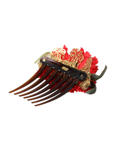 Dolce &amp; Gabbana Red Silk Floral Gold Brass Women Hair Comb