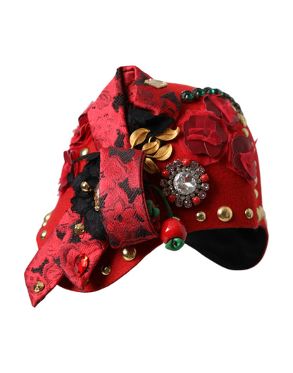 Dolce &amp; Gabbana Red Crystal Gold Roses Brooch Embellished Hat