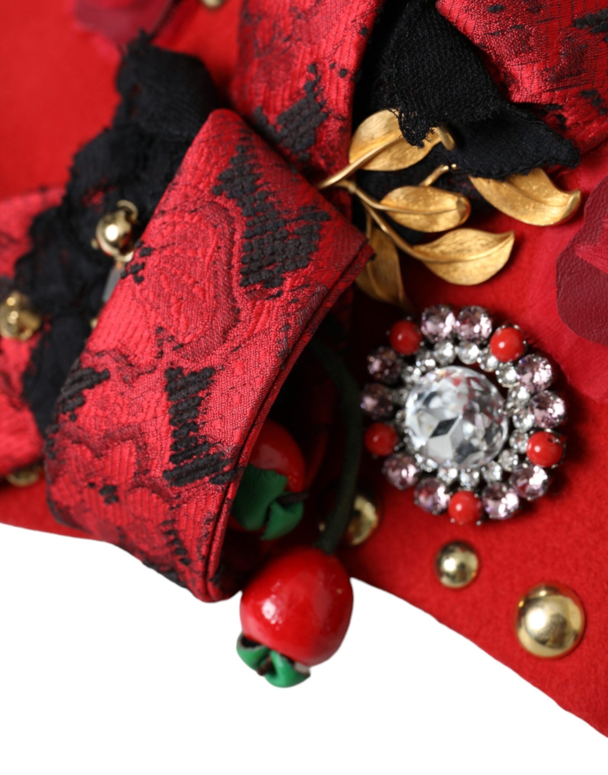 Dolce &amp; Gabbana Red Crystal Gold Roses Brooch Embellished Hat