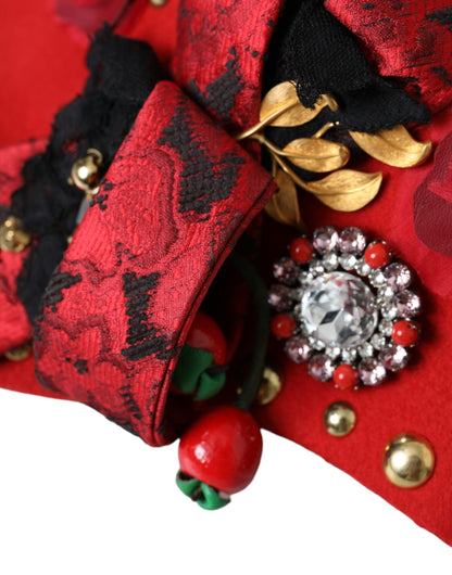 Dolce &amp; Gabbana Red Crystal Gold Roses Brooch Embellished Hat