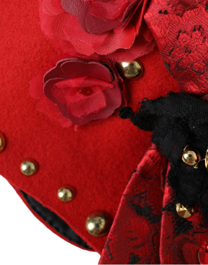 Dolce &amp; Gabbana Red Crystal Gold Roses Brooch Embellished Hat