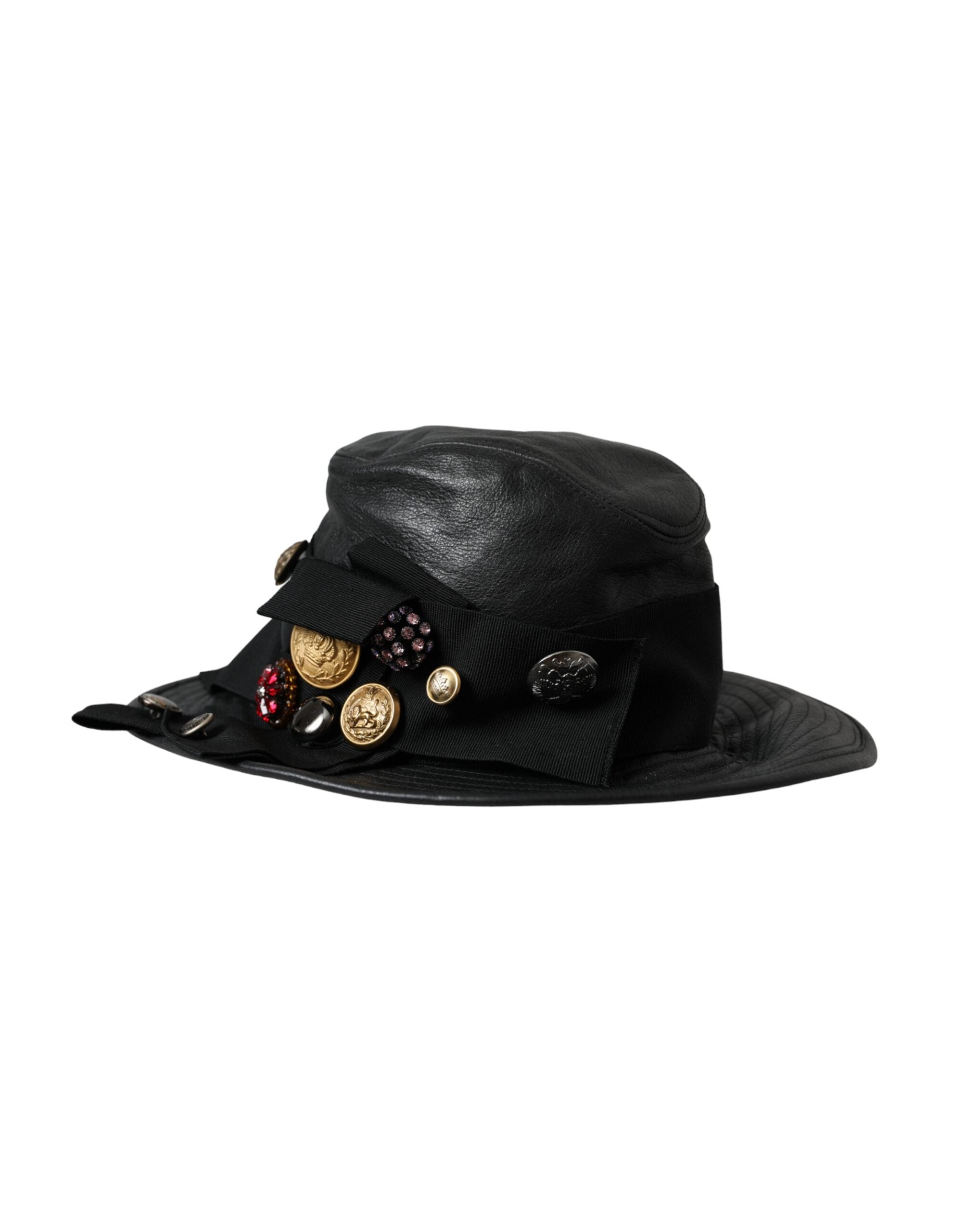 Dolce &amp; Gabbana Black Leather DG Coin Crystal Wide Brim Hat