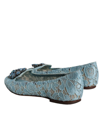 Dolce &amp; Gabbana Blue Lace Crystal Ballet Flats Loafers Shoes