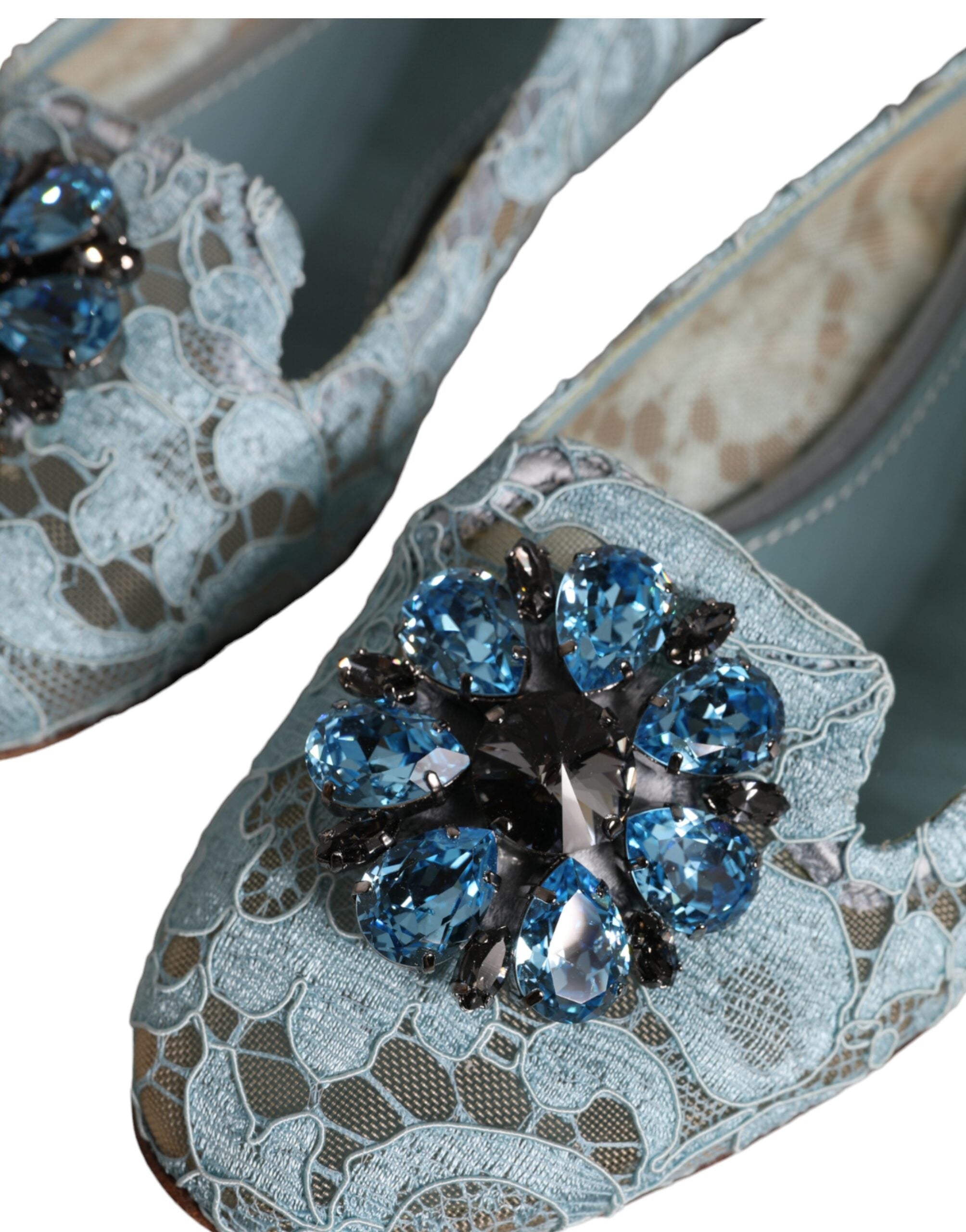 Dolce &amp; Gabbana Blue Lace Crystal Ballet Flats Loafers Shoes