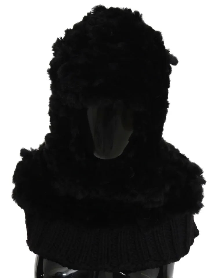 Dolce &amp; Gabbana Black Silver Fox Fur Cashmere Hooded Scarf