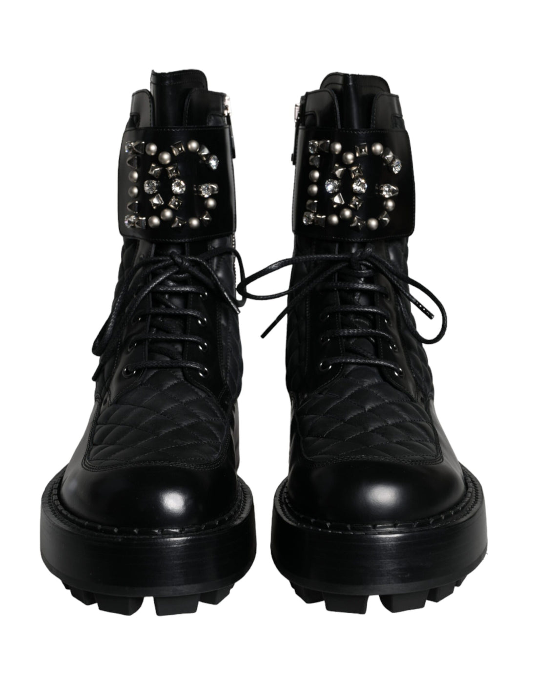 Dolce &amp; Gabbana Black Quilted Crystal DG Logo Men Boots Shoes