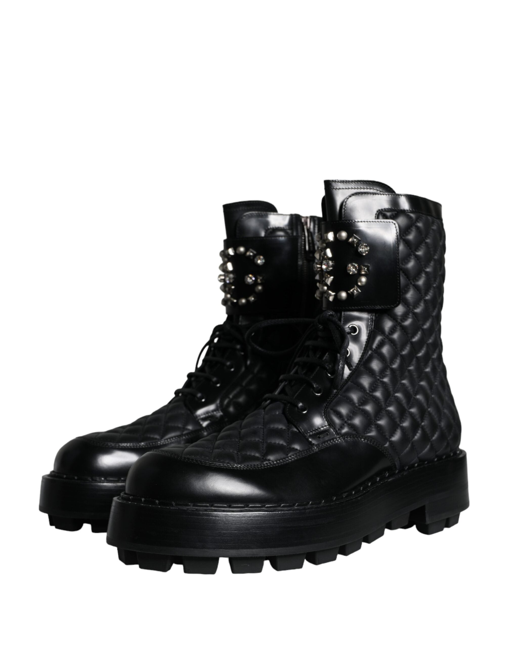 Dolce &amp; Gabbana Black Quilted Crystal DG Logo Men Boots Shoes