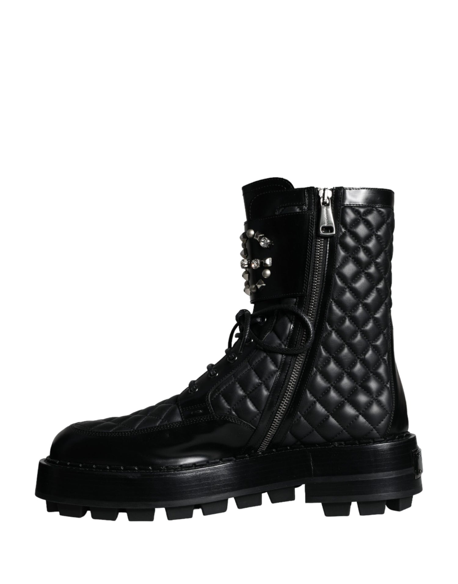 Dolce &amp; Gabbana Black Quilted Crystal DG Logo Men Boots Shoes