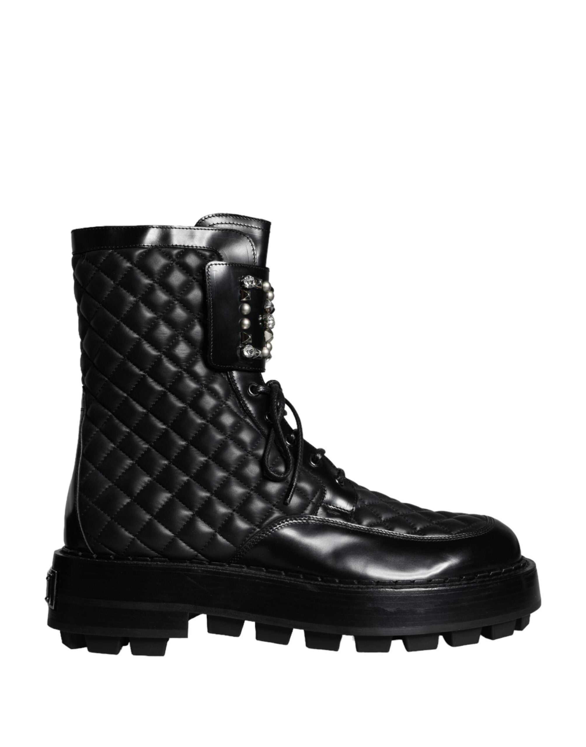 Dolce &amp; Gabbana Black Quilted Crystal DG Logo Men Boots Shoes