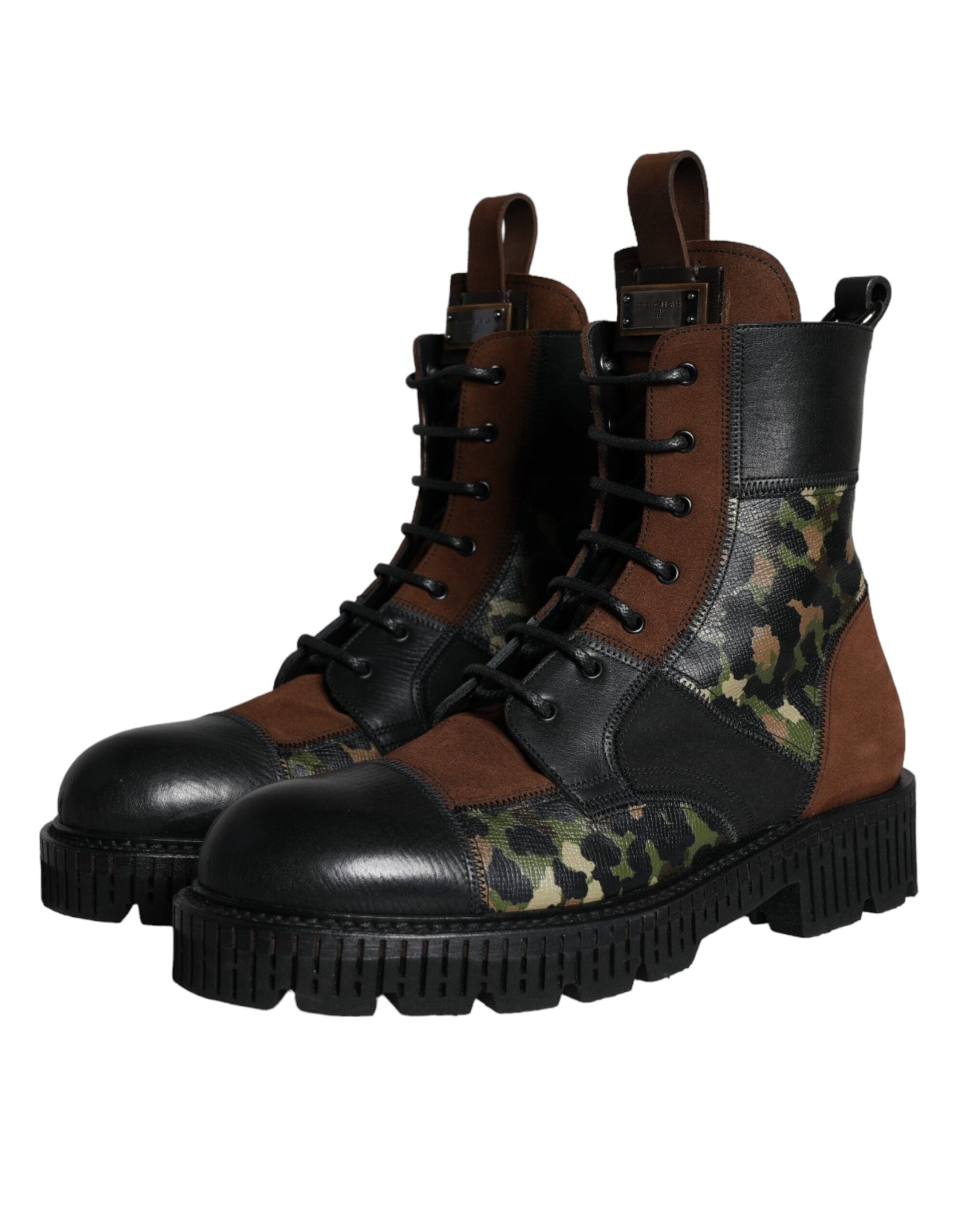 Dolce &amp; Gabbana Brown Suede Camouflage Leather Combat Boots Shoes