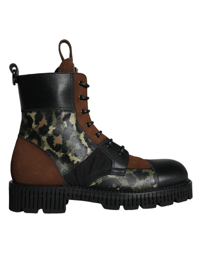 Dolce &amp; Gabbana Brown Suede Camouflage Leather Combat Boots Shoes