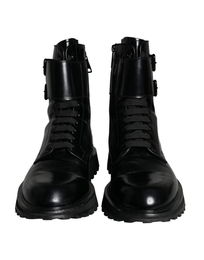 Dolce &amp; Gabbana Black Leather Lace Up Men Mid Calf Boots Shoes