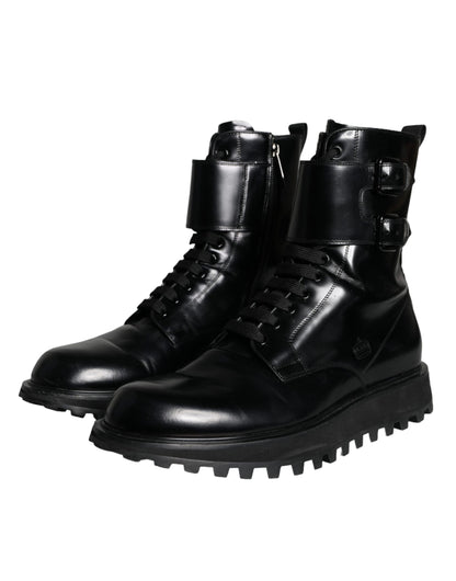 Dolce &amp; Gabbana Black Leather Lace Up Men Mid Calf Boots Shoes