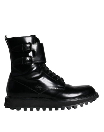 Dolce &amp; Gabbana Black Leather Lace Up Men Mid Calf Boots Shoes