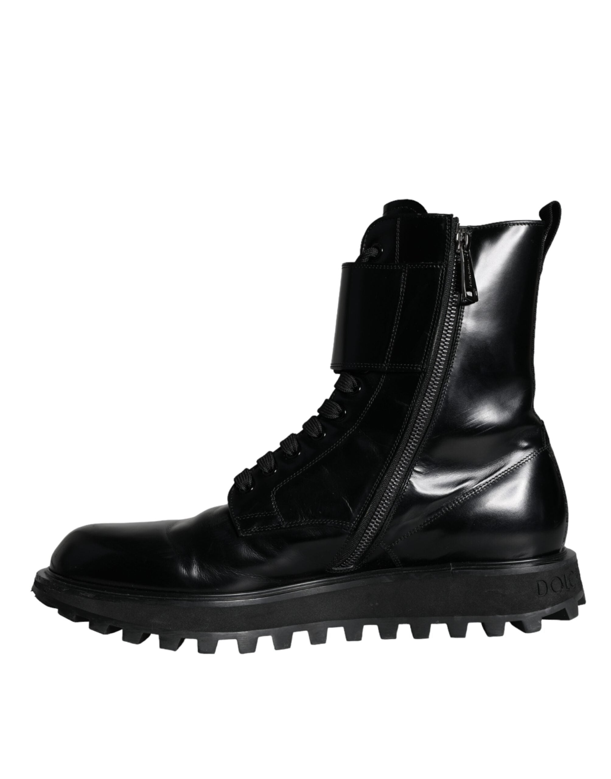 Dolce &amp; Gabbana Black Leather Lace Up Men Mid Calf Boots Shoes