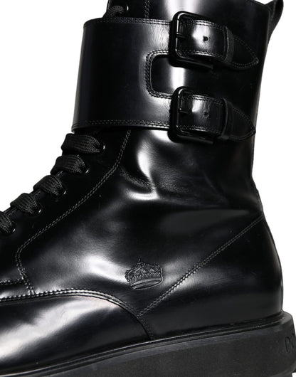 Dolce &amp; Gabbana Black Leather Lace Up Men Mid Calf Boots Shoes