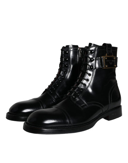 Dolce &amp; Gabbana Black Logo Lace Up Mid Calf Men Boots Shoes