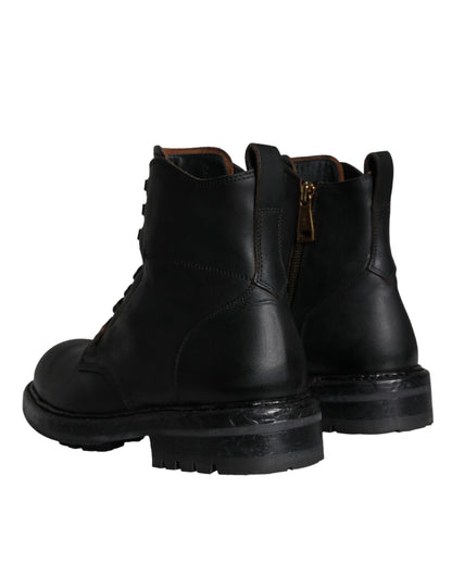 Dolce &amp; Gabbana Black Lace Up Mid Calf Boots Men Shoes