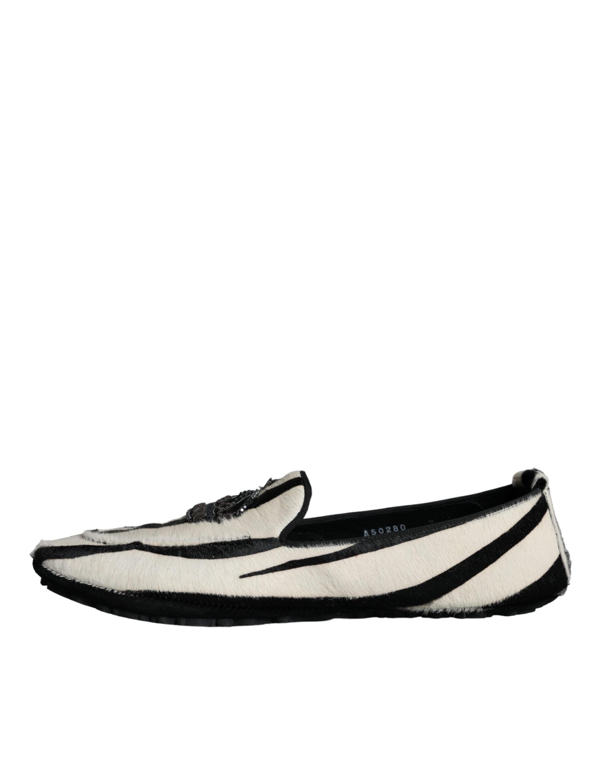 Dolce &amp; Gabbana Black White Calf Fur Slip On Loafers Men Shoes