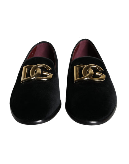 Dolce &amp; Gabbana Black Velvet Cotton Logo Loafers Dress Shoes